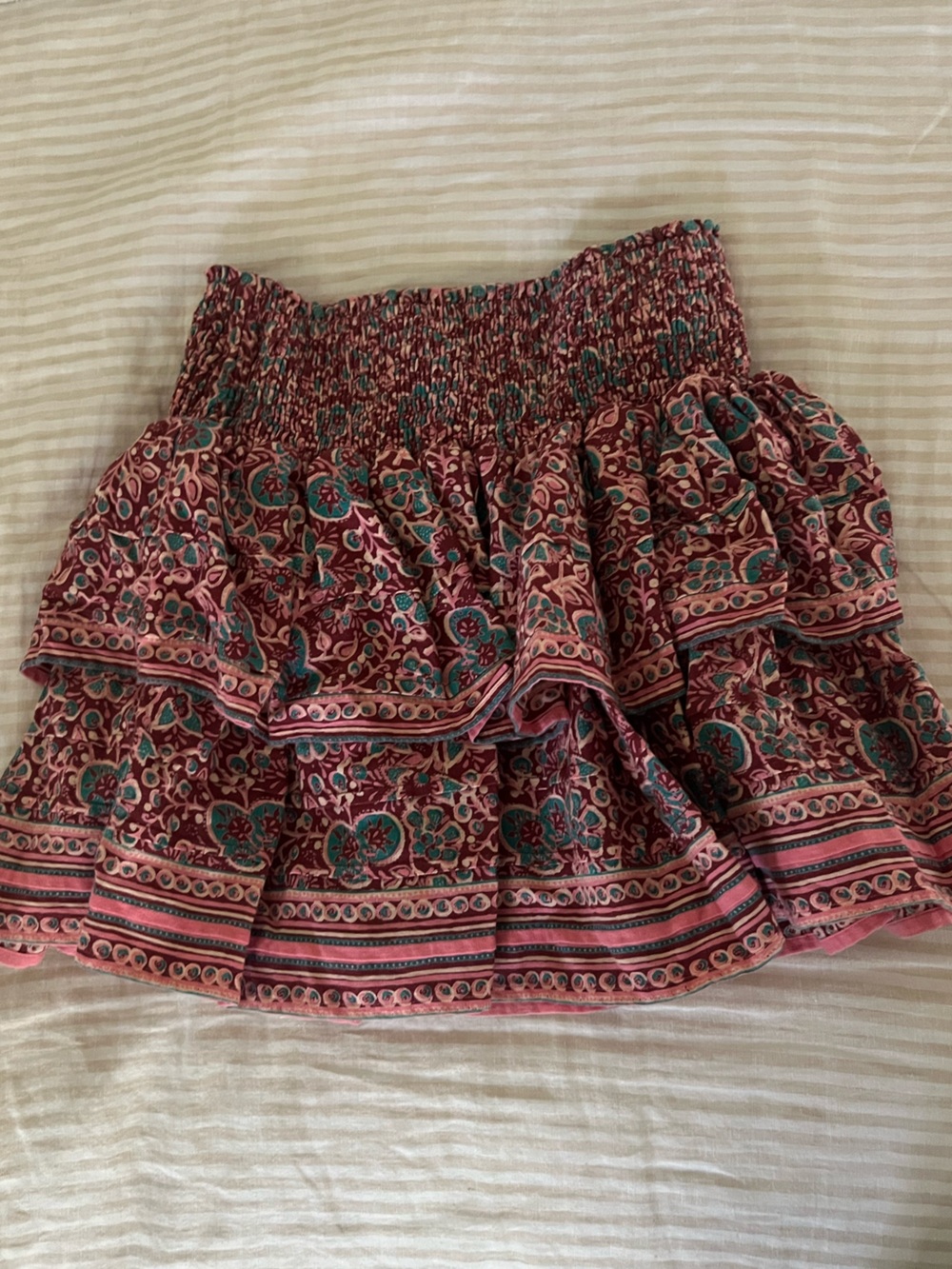 Smocked Floral Tiered Mini Skirt in Burgundy and Teal